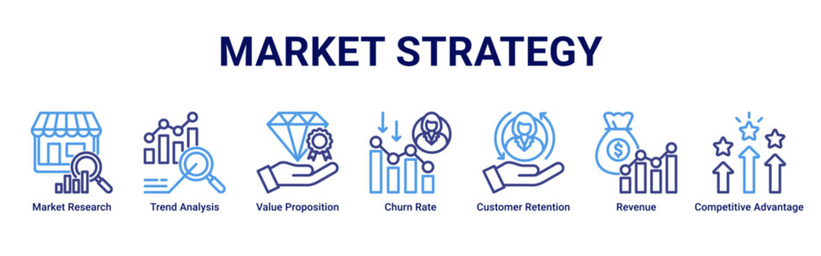 Market Strategy web banner icon vector illustration with Market Research, Trend Analysis, Value Proposition, Churn Rate, Customer Retention, Revenue and Competitive Advantage