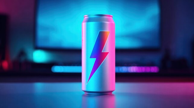 Energy drink can with lightning bolt logo in neon light