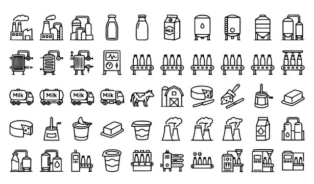 Industry milk factory icons set. Outline set of industry milk factory vector icons for web design isolated on white background