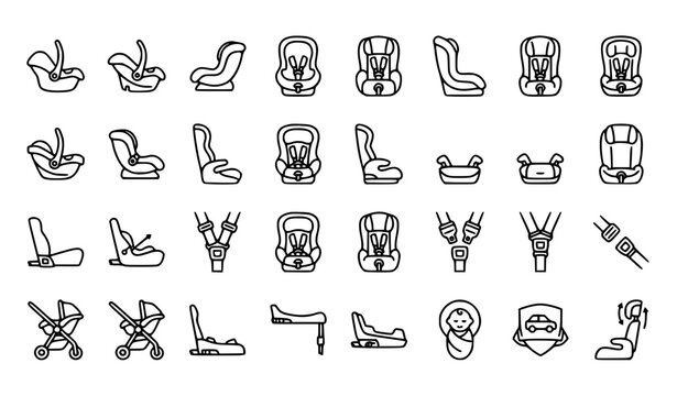 Modern baby car seat icons set. Outline set of modern baby car seat vector icons for web design isolated on white background