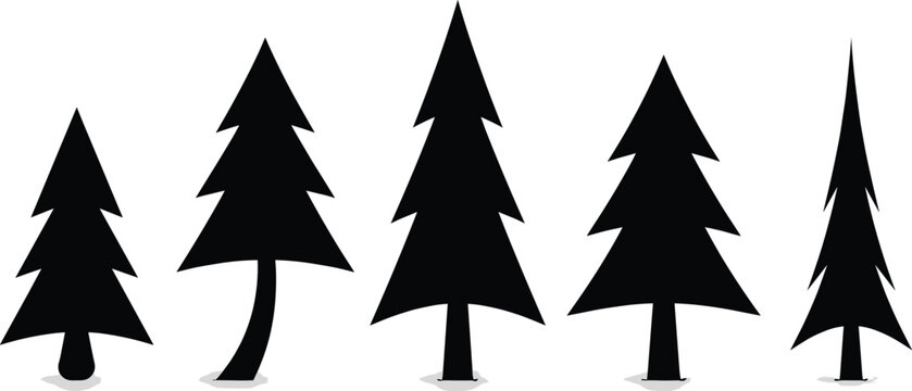 A professional vector silhouette set featuring diverse pine fir and spruce evergreen trees for nature landscape designs