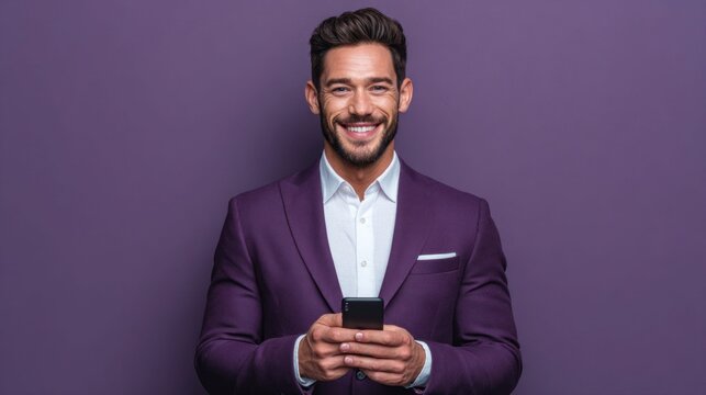 Handsome man in a purple suit smiles while holding a smartphone