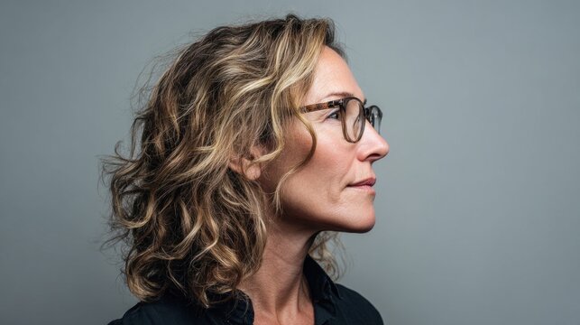 Profile portrait of a mature woman with curly hair and glasses, looking to the side