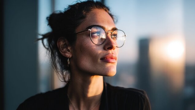 Woman with glasses looking out at the city during golden hour