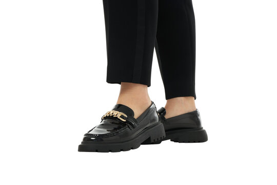 Woman in black loafers and pants on white, PNG