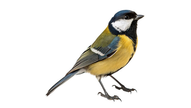 Small wild great tit bird perched standing profile view isolated on transparent background