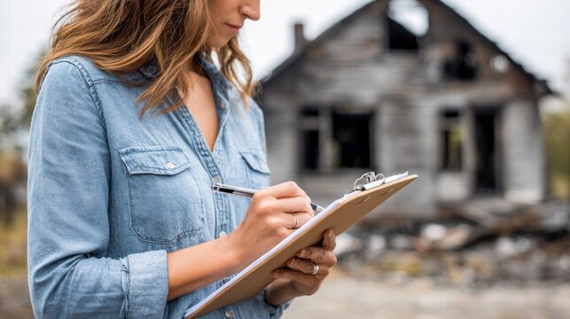 Woman assessing fire damage to a house