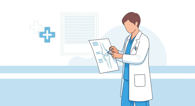 Doctor analyzing x-ray image of a knee joint with medical clinic background