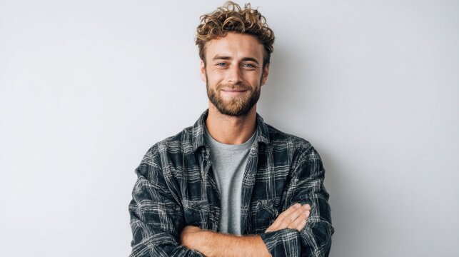 Handsome man with a beard smiles confidently with arms crossed in front of a white wall