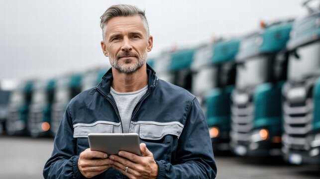 Truck driver using a tablet in front of a row of semi-trucks.