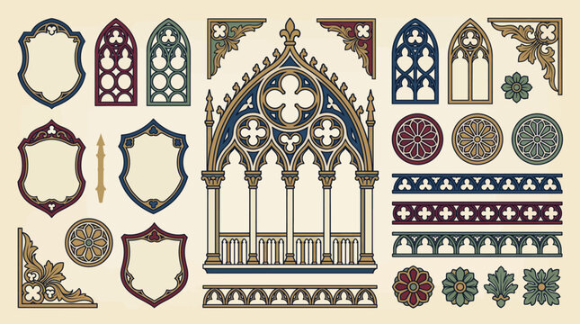 Venetian Gothic quatrefoil tracery ornament vector set with pointed arch frames, rose window medallions and medieval decorative borders