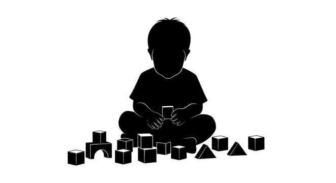 Silhouette of a young child playing with wooden geometric blocks.