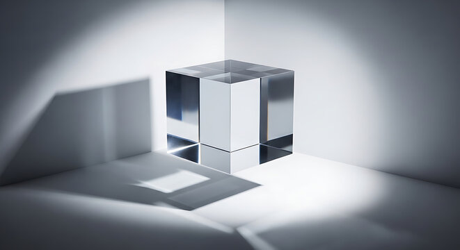 Transparent geometric cube illuminated in a stark corner with dramatic light and shadow play.