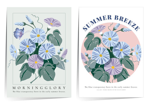 Summer Morning Glory Vector Illustration Template Set, Cool and Refreshing Floral Background