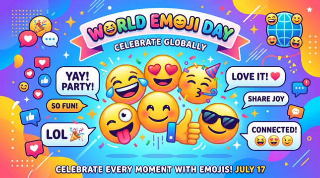 Colorful emoji faces with speech bubbles celebrating world emoji day on vibrant background with joyful expressions and playful icons