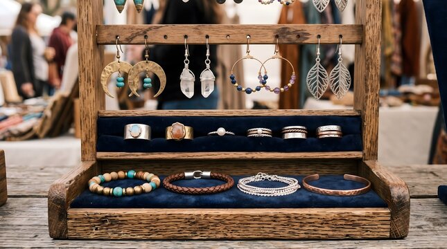 Handmade artisan jewelry display on rustic wood stand, bohemian silver earrings and rings at outdoor craft market, boutique accessory collection