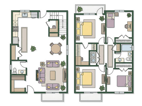 Top-down architectural floor plan of a split-level duplex apartment rendered as a clean flat illustration with pure white background