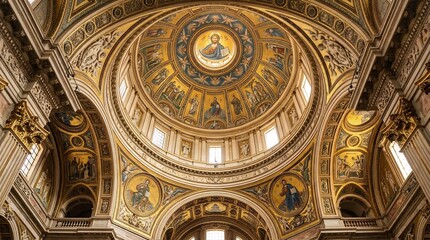 Fototapeta premium Magnificent Dome Interior of a Grand Cathedral with Intricate Mosaics and Frescoes.