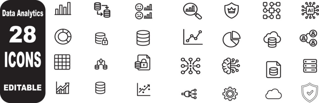 Data analytics icon set. Editable line icons. Vector illustration. 