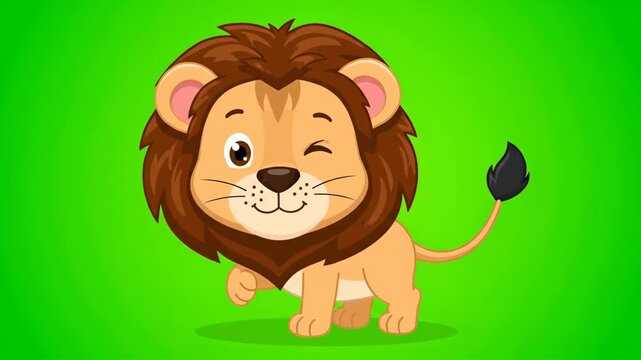 Cute cartoon baby lion character winking on a vibrant green background, playful and adorable animal illustration.
