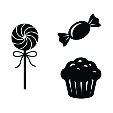 Minimalist Sweet Snacks Black Silhouette Vector Set Featuring Swirl Lollipop Wrapped Candy and Muffin