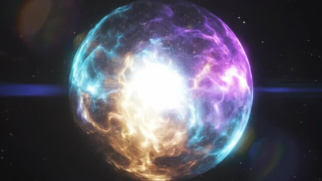 Abstract 3D illustration of a glowing purple and blue celestial orb with swirling energy and a bright light streak, floating in deep dark space surrounded by stars and nebulae.