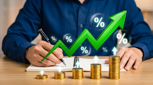 Businessman writing financial growth strategy with green rising arrow and percentage signs, over stacks of golden coins on wooden desk in home office