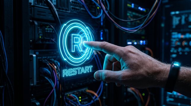 Close-up of a hand pressing a glowing blue circular button labeled 'RESTART' on a server rack with numerous cables