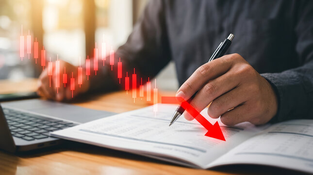 Businessman analyzing financial report with red declining stock market trend graph, showing economic loss and bankruptcy crisis on laptop in office workplace