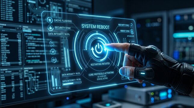 Cyber security expert interacting with a futuristic digital interface for system reboot and monitoring in a data center