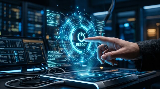 Futuristic technological interface displaying a reset button for system rebooting in a server room environment
