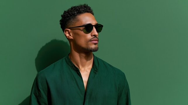 A young Black man stands against a solid green background. He wears sunglasses and a stylish green shirt. The image conveys a sense of confidence and casual fashion.
