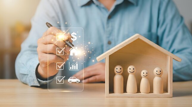 Person selecting house and financial planning options with a digital pen on a touch interface screen near a small wooden model family home interior