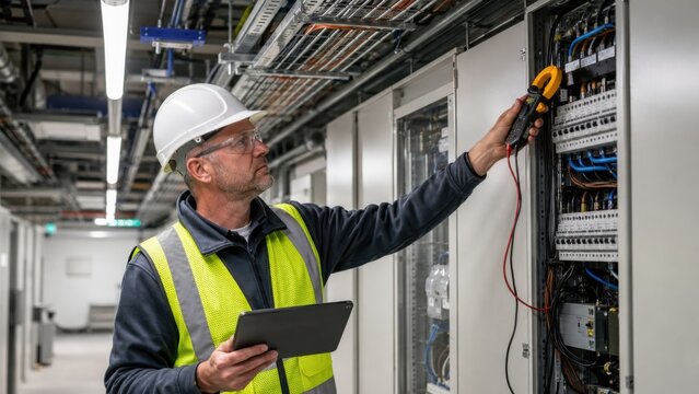 Technician conducts electrical maintenance in data center with multimeter and tablet to check systems at worksite after regular hours