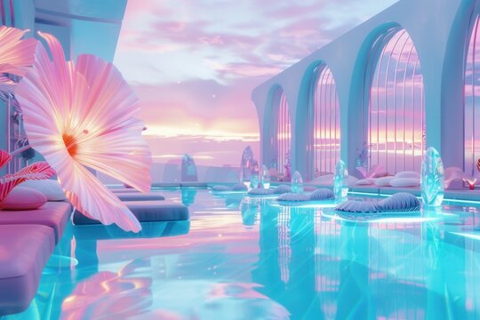Pastel skies glow above glowing pools