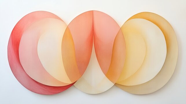 Geometric abstraction shows three overlapping ovals with soft colors blending together on a white background for a simple yet striking visual effect in a modern setting