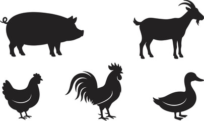 PrintA professional vector silhouette set featuring farm animals including a pig goat chicken rooster and domestic duck © MD JAHID