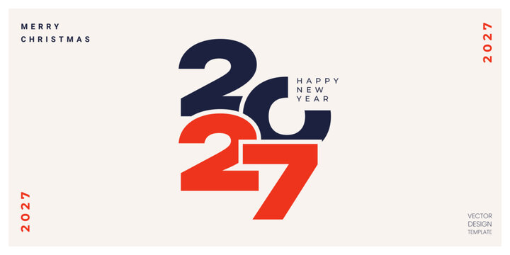 Happy New Year 2027 horizontal banner, greeting card. Bold red and navy blue typography logo 2027 with overlapping geometric numbers for holiday celebration and corporate identity. Vector template