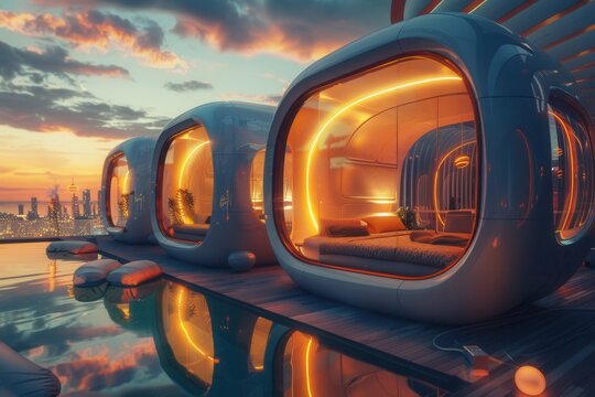 Glowing pods float above calm waters at twilight