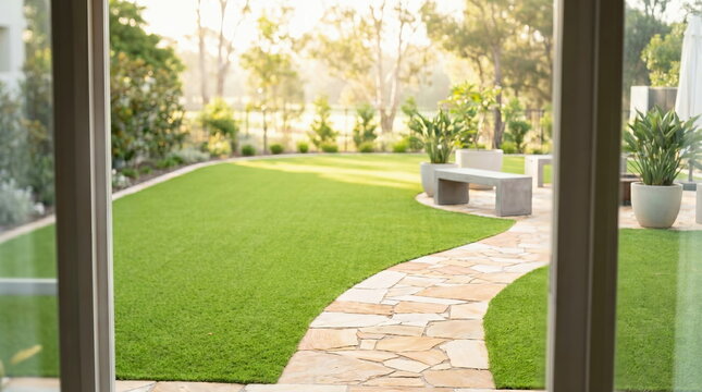 Backyard garden with winding stone path and lush lawn, inviting outdoor leisure space for residential property design.