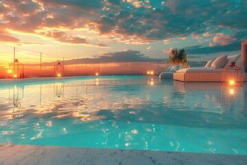Obraz premium Golden sky reflects on calm, glowing pool
