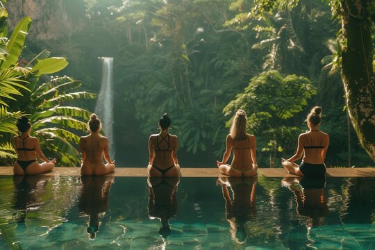 Five women meditate by a pool, backs to the camera
