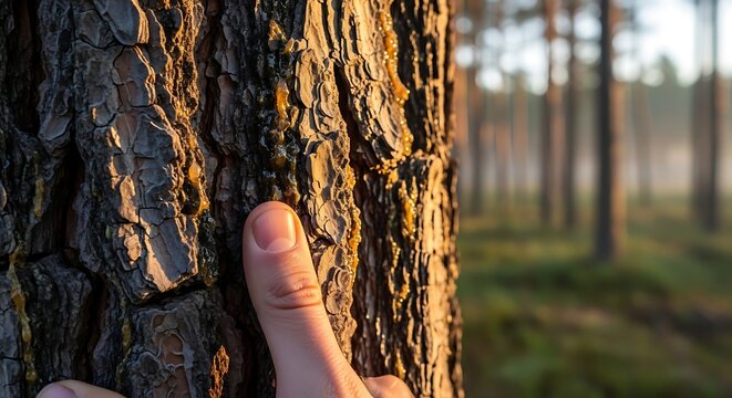 A persons thumb gently touches the textured bark of a pine tree, with a soft-focus forest background bathed in warm sunlight.