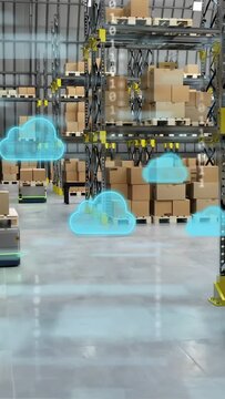 Vertical video: Cloud icons appearing, activating AMRs moving through racks and syncing inventory