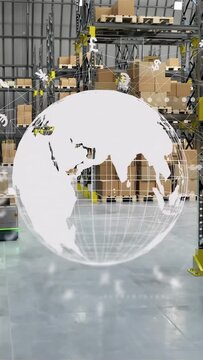 Vertical video: Globe rising above floor, rotating, &euro;&pound;$&yen; orbiting and AGV moving, showing trade