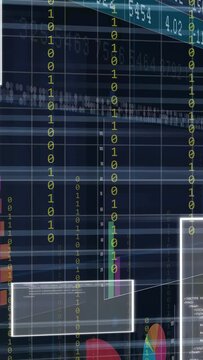 Vertical video: On view shifting dash panning right showing bars bits code panels showing trends