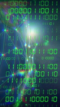 Vertical video: Flare starting mesh orb rising and turning as nodes pulsing and bits moving for net