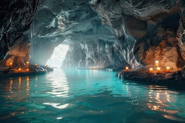 Naklejka premium Luminous candles float on calm, turquoise water