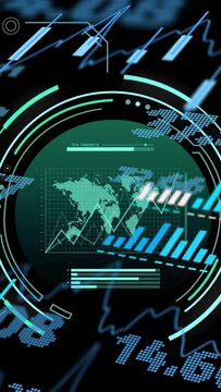 Vertical video: Progress bar filling, HUD map lighting rotating while charts rising showing markets