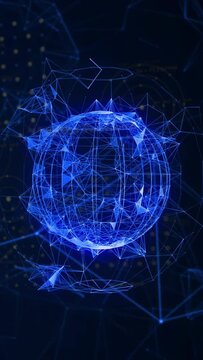 Vertical video: Dispersed blue lines forming wireframe, blue globe rotating, pulsing, stabilizing